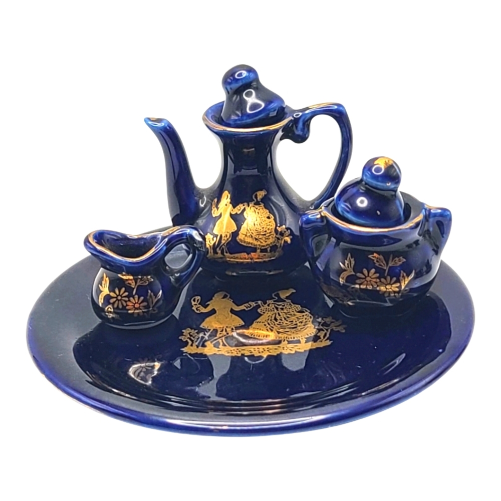 Vintage Miniature Ceramic Tea Set Royal Cobalt Blue and Gold 10 pieces